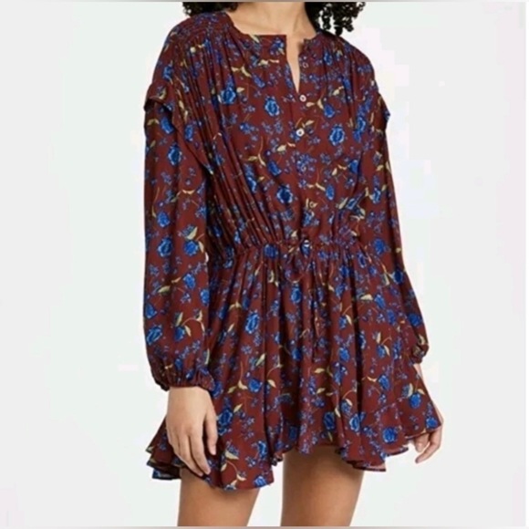 Free People Burgundy Blue flower fields mini dress long line flowy top size XS - Picture 1 of 12